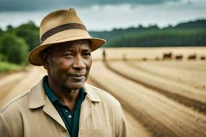 un' uomo nel un' cappello sta nel un' campo. ai-generato foto