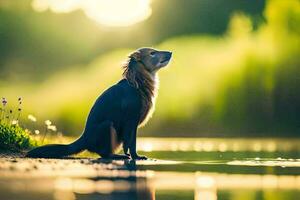 un' cane seduta su il bordo di un' lago. ai-generato foto