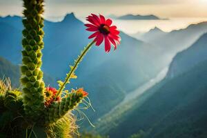 un' cactus pianta con un' rosso fiore nel il primo piano. ai-generato foto