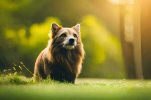 un' cane è in piedi nel il erba nel il sole. ai-generato foto