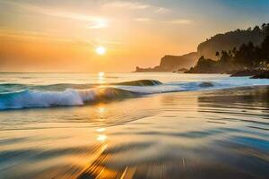 il sole sorge al di sopra di il oceano e onde a il spiaggia. ai-generato foto