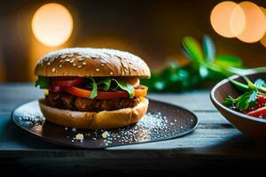 un' Hamburger con lattuga e pomodoro su un' piatto. ai-generato foto