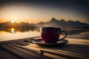 un' tazza di caffè su un' di legno tavolo con montagne nel il sfondo. ai-generato foto