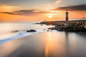 un' faro è visto a tramonto nel il oceano. ai-generato foto