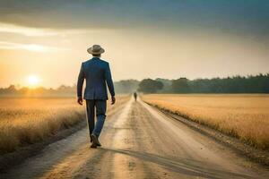 un' uomo nel un' completo da uomo e cappello passeggiate giù un' sporco strada. ai-generato foto