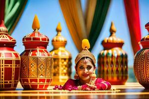 un' donna nel tradizionale indiano vestito seduta su un' tavolo con colorato pentole. ai-generato foto