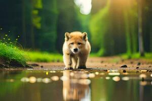 un' cucciolo a piedi lungo un' sentiero nel il foresta. ai-generato foto