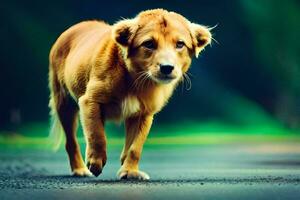 un' Marrone cane a piedi su il strada. ai-generato foto