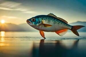 un' pesce è in piedi su il acqua a tramonto. ai-generato foto