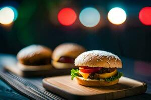 Due hamburger su di legno tavole con luci nel il sfondo. ai-generato foto