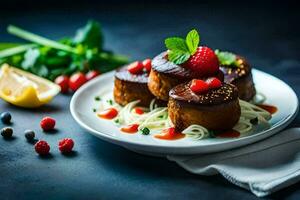 tre pezzi di carne su un' piatto con frutti di bosco. ai-generato foto