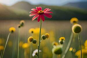 un' fiore nel un' campo con montagne nel il sfondo. ai-generato foto