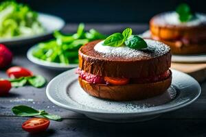 Due panini su bianca piatti con pomodori e basilico. ai-generato foto