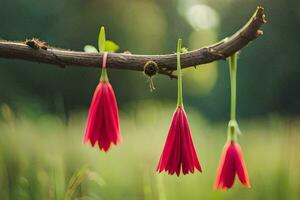 tre rosso fiori sospeso a partire dal un' ramo. ai-generato foto