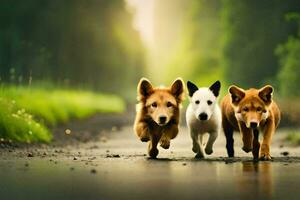 tre cani in esecuzione su un' strada nel il boschi. ai-generato foto