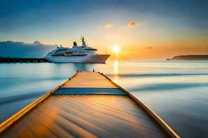 un' crociera nave nel il oceano a tramonto. ai-generato foto