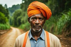 un africano uomo indossare un arancia turbante su un' sporco strada. ai-generato foto