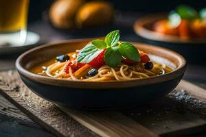 spaghetti con pomodoro salsa e verdure nel un' ciotola. ai-generato foto