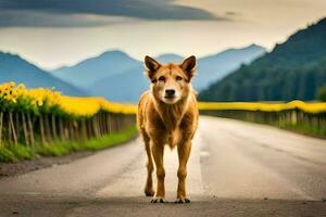 un' cane in piedi su il strada nel davanti di un' campo. ai-generato foto