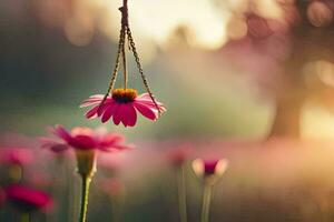 rosa fiori sospeso a partire dal un' catena nel un' campo. ai-generato foto