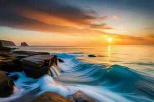 un' bellissimo tramonto al di sopra di il oceano con onde Crashing su il rocce. ai-generato foto