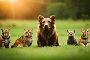 un' cane e gatti seduta nel il erba. ai-generato foto