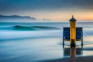 un' Bagnino Torre su il spiaggia a tramonto. ai-generato foto