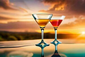 Due bicchieri di vino su un' tavolo con tramonto nel il sfondo. ai-generato foto