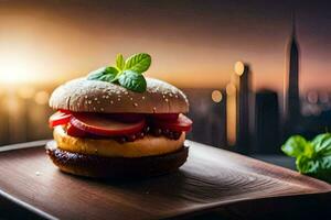 un' Hamburger con pomodoro e lattuga su un' di legno piatto. ai-generato foto