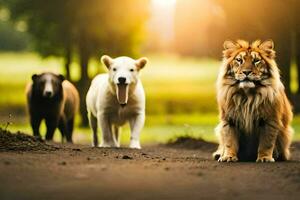 tre animali a piedi su un' sporco strada. ai-generato foto