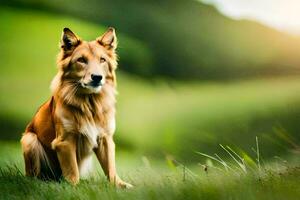 un' cane seduta nel il erba. ai-generato foto