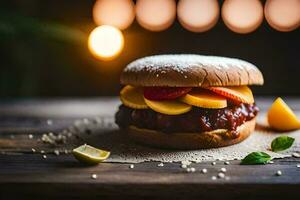 un' Hamburger con frutta e formaggio su un' di legno tavolo. ai-generato foto
