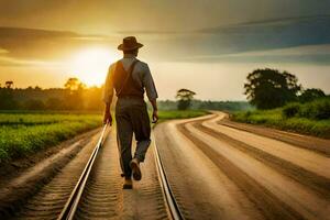 un' uomo a piedi su il Ferrovia brani a tramonto. ai-generato foto