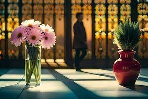 un' vaso con fiori e un' uomo a piedi di. ai-generato foto