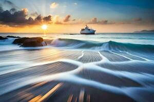 un' barca su il oceano a tramonto. ai-generato foto