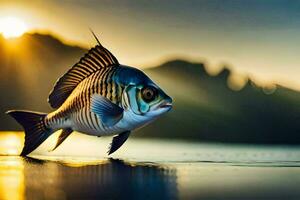 un' pesce è a piedi su il acqua a tramonto. ai-generato foto