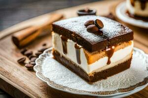 un' pezzo di torta con ghiaccio crema e caffè fagioli. ai-generato foto