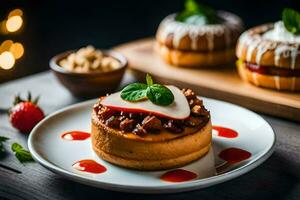 un' dolce su un' piatto con fragole e noccioline. ai-generato foto