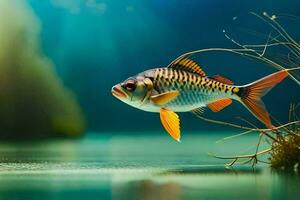 un' pesce nuoto nel il acqua con erba e impianti. ai-generato foto