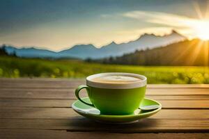 caffè tazza su il tavolo con montagne nel il sfondo. ai-generato foto