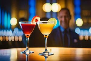 Due cocktail su un' bar tavolo con un' uomo nel il sfondo. ai-generato foto