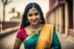 un' bellissimo donna nel un' sari in posa per un' foto. ai-generato foto