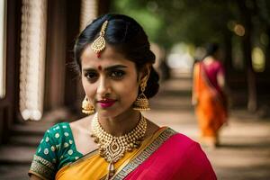 un' bellissimo indiano donna nel un' colorato sari. ai-generato foto