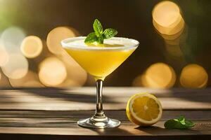 un' cocktail con Limone e menta su un' di legno tavolo. ai-generato foto