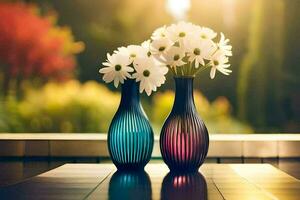 Due vasi con bianca fiori sedersi su un' tavolo. ai-generato foto