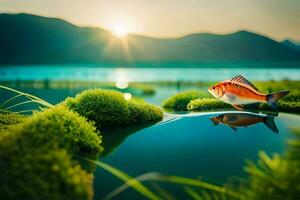 un' pesce è seduta su un' muschio coperto lago. ai-generato foto