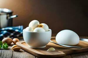 un' ciotola di uova su un' di legno taglio tavola. ai-generato foto