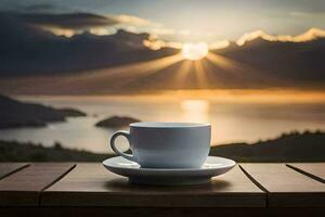un' tazza di caffè su un' di legno tavolo nel davanti di un' bellissimo tramonto. ai-generato foto
