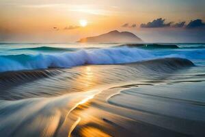 il sole imposta al di sopra di il oceano e onde. ai-generato foto