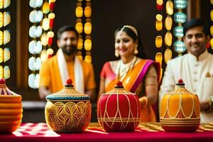 un' coppia nel tradizionale indiano abbigliamento in piedi Il prossimo per colorato pentole. ai-generato foto